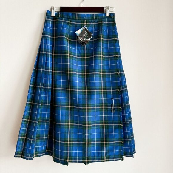Vintage Deadstock Bonda Nova Scotia Tartan Blue Plaid Pleated Wool Midi Skirt 10 - Picture 1 of 9